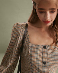 The Khaki Square Neck Plaid Button Mini Dress