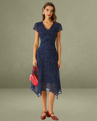 Navy Polka Dot Cap Sleeve Midi Dress
