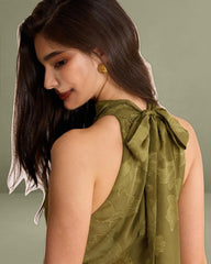 The Green Jacquard Ruched Halter Midi Dress