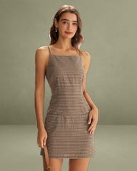 Brown Plaid Slip-on Mini Dress