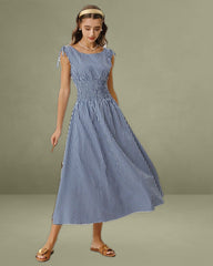 Blue Plaid Boat Neck Shirred Midi Dress