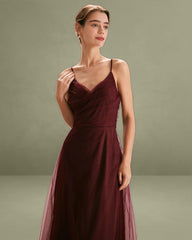The Wine Red V Neck Mesh Wrap Maxi Dress