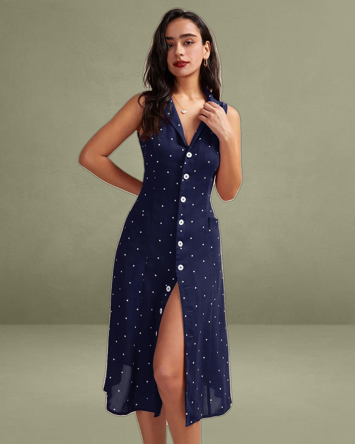Navy V Neck Polka Dot Tie Back Midi Dress