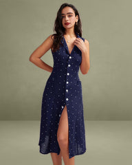 Navy V Neck Polka Dot Tie Back Midi Dress