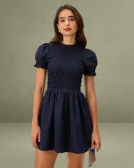 Blue Shirred Puffed Sleeve Mini Dress