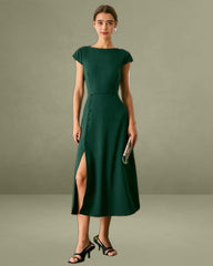 The Green Boat Neck Cutout Back Midi Dress