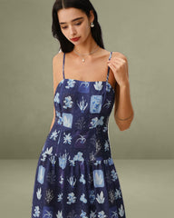 Blue Floral Ruched Bohemian Slip Maxi Dress