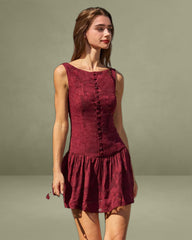 Red Jacquard Boat Neck A-line Mini Dress