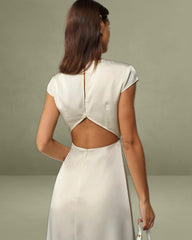 Beige Satin Cut Out Slit Midi Dress