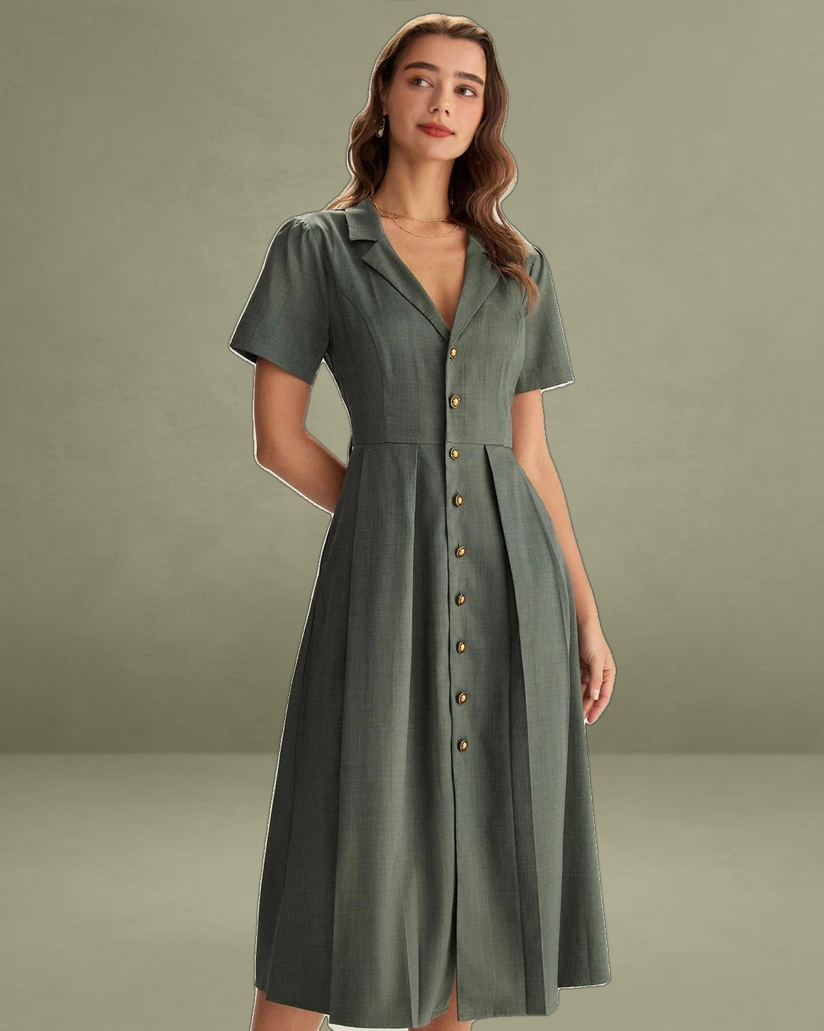 Green V Neck Pleated Button Midi Dress