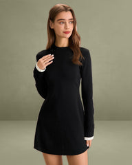 Black Contrast Long-Sleeve Sweater Mini Dress