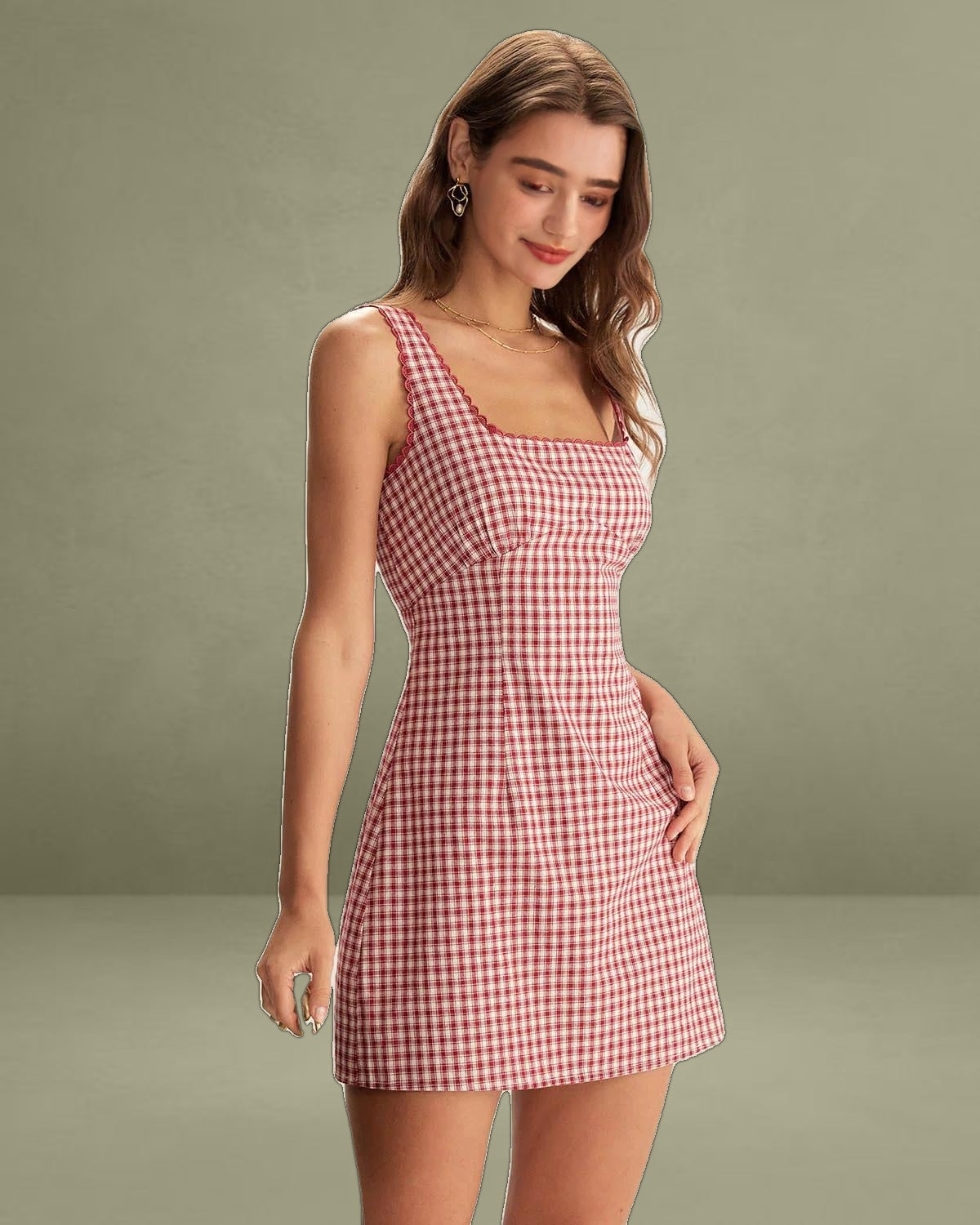 Red Plaid Square Neck Slip Mini Dress