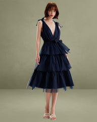 Navy Tiered Backless Floor-Length Dress
