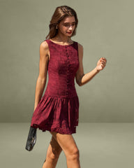 Red Jacquard Boat Neck A-line Mini Dress