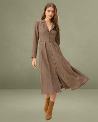 Brown A-Line Pleated Midi Dress