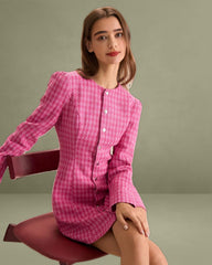 Women's Pink Single-breasted Tweed Mini Dress