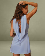 Blue Satin Cowl Neck Backless Short Dress
