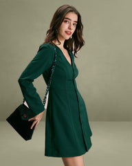 The Green V Neck Button Shirt Mini Dress