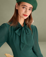 Green Tie Neck See-Through Mini Dress