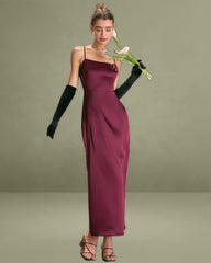 The Red Back Slit Satin Sling Maxi Dress