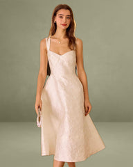 White Sweetheart Neck Jacquard Midi Dress