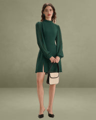 The Green Stand Collar Sheer Slit Mini Dress