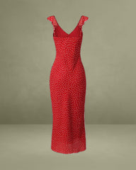 Red Floral V Neck Ruffle Maxi Dress