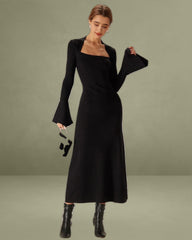 The Black Square Neck Flare Sleeve Midi Dress