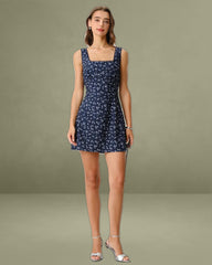 Navy Floral Square Neck Slip Mini Dress