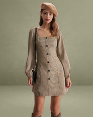 The Khaki Square Neck Plaid Button Mini Dress