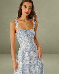 Blue Floral Ruched Slip Midi Dress