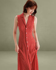 Red Floral Button Sleeveless Maxi Dress
