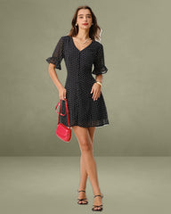 Black Polka Dot V Neck Ruffle Mini Dress