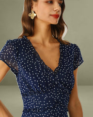 Navy Polka Dot Cap Sleeve Midi Dress