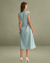 Blue Satin Boat Neck Slit Sleeveless Midi Dress