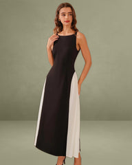 Black Contrasting Boat Neck A-Line Maxi Dress