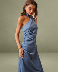 Blue One-Shoulder A-Line Satin Maxi Dress