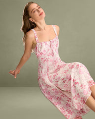 The Pink Square Neck Floral Ruched Midi Dress