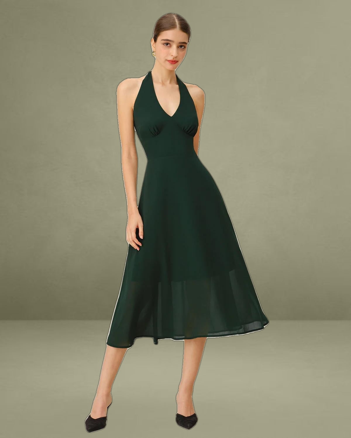 Green Chiffon A-Line Halter Midi Dress