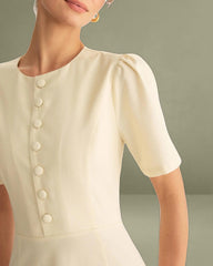 Beige Puffed Sleeve Button Midi Dress