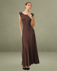 Coffee Boat Neck Knit Maxi Dress