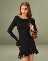 Black Contrasting Bell Sleeve Knit Sweater Dress