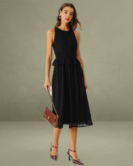 Black Round Neck A-Line Sleeveless Midi Dress