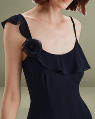 Blue Chiffon Ruffle Slip Midi Dress