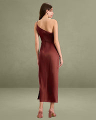 Red One-shoulder Satin Maxi Dress
