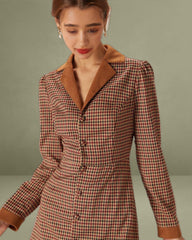 Brown Plaid Spliced Suede Mini Dress