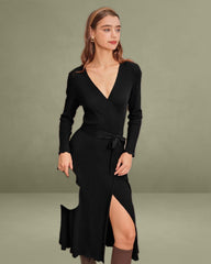 Black V Neck Wrap Knit Midi Dress