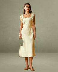 Yellow Square Neck Ruffle Satin Midi Dress