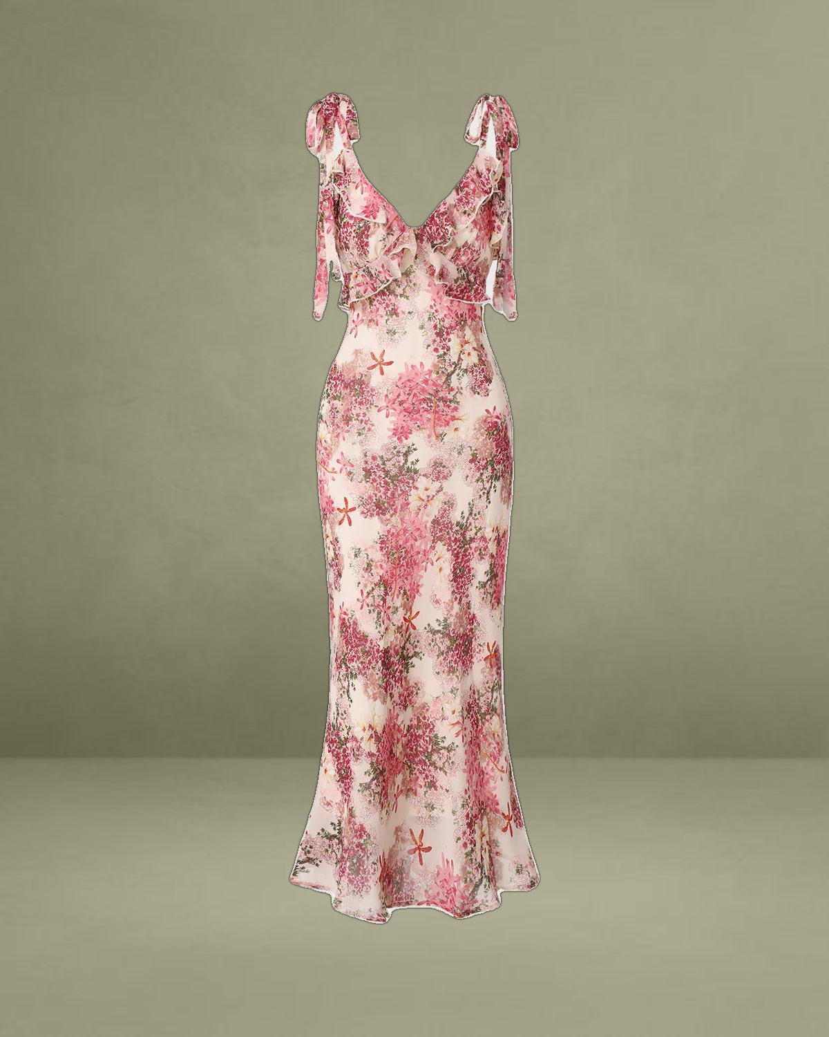 Pink Floral Ruffle Tie Strap Midi Dress
