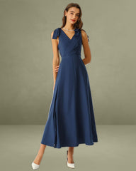 Navy Ruched Wrap A-Line Maxi Dress